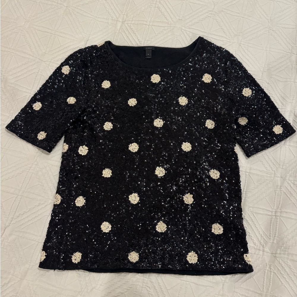 J. Crew Black & White Polka Dot Sequined Short Sleeve top Size Small